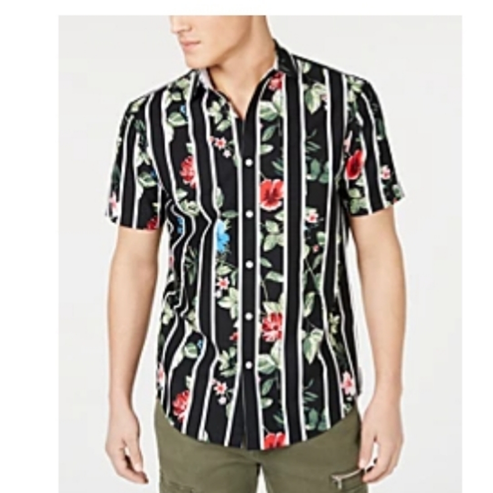 INC Men's Gregory tropical print stripe camp shirt